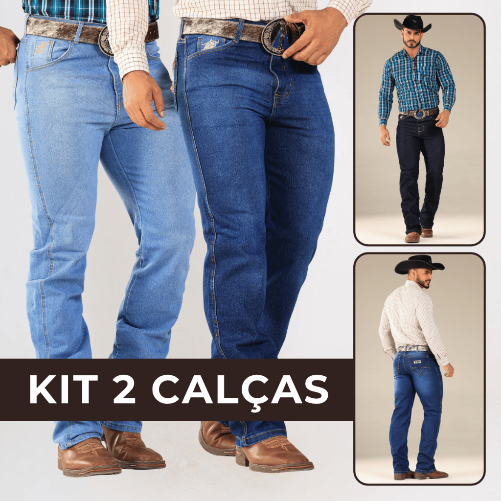 Kit 2 Calça Country Masculina Tradicional Premium Jeans Reforçada Rodeio Trabalho Carpinteiro Cowboy