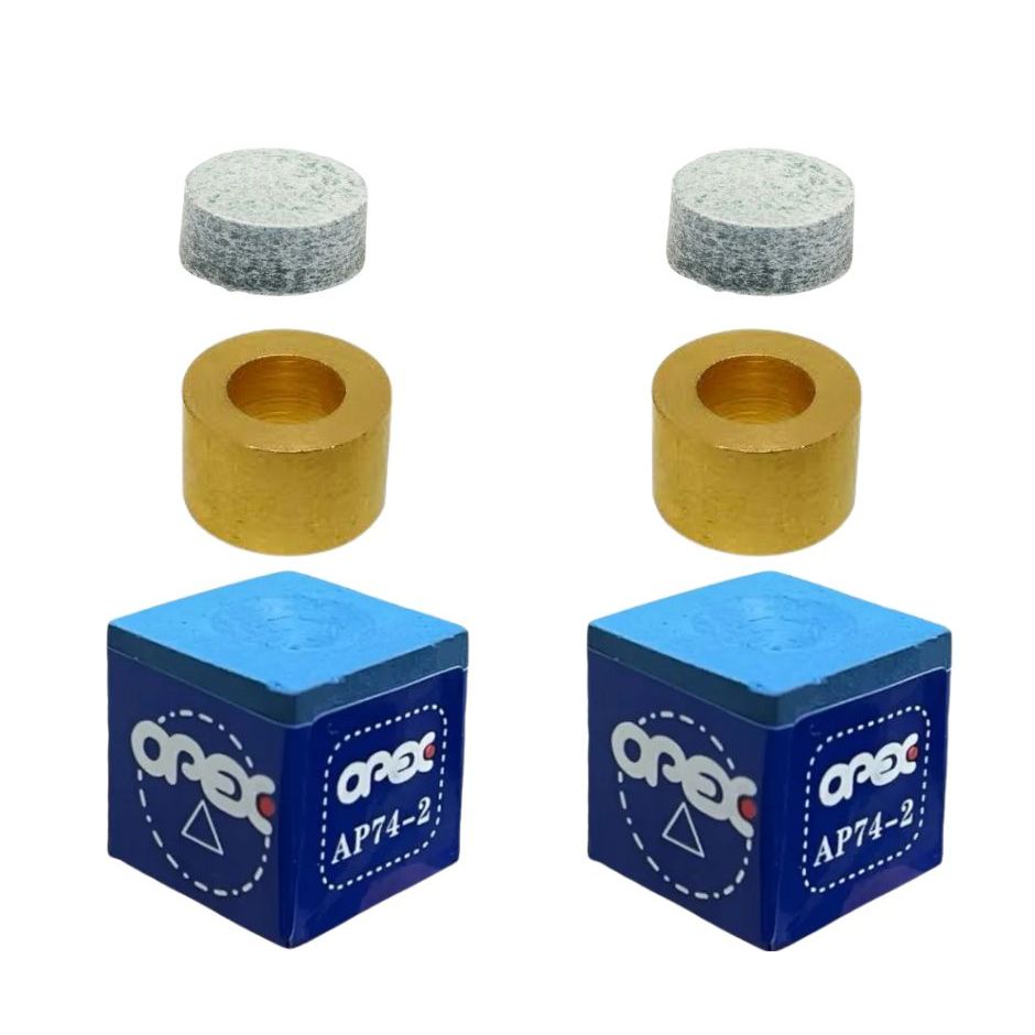 2 Giz Master apex + 2 Virolas Metal com Sola de Couro Profissional Oficial Para Tacos Sinuca Bilhar Jogo