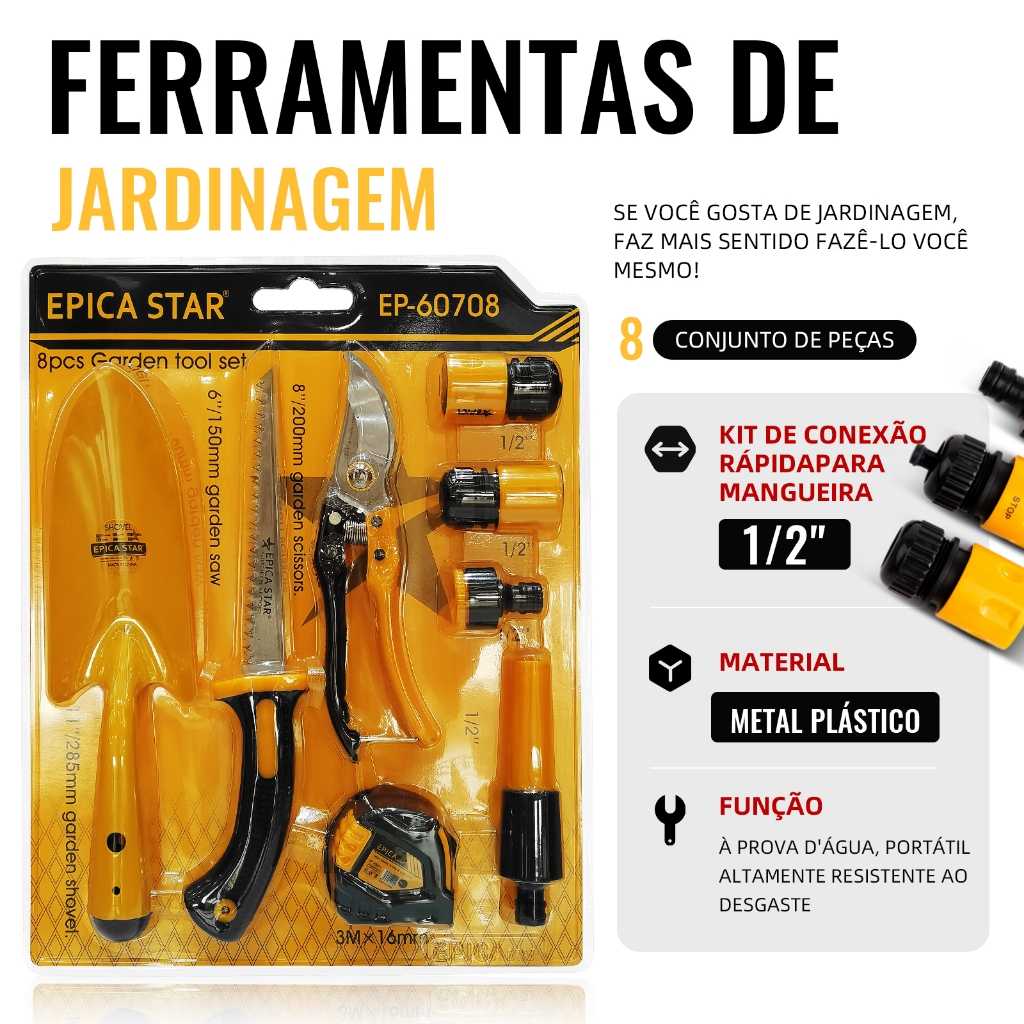 Kit de Ferramentas de Jardim 8 Peças - Tesoura de Poda, Regador e Acessórios para Jardinagem