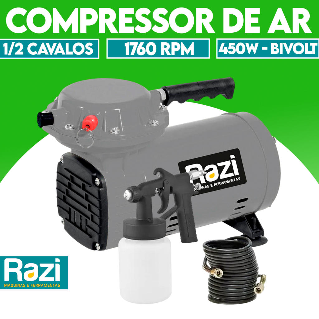 Compressor De Ar Direto com kit de acessórios 0,5cv 450w Razi Bivolt