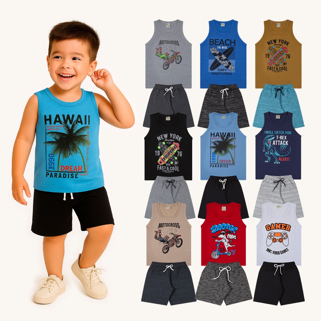 Conjunto 2 Peças - SORTIDO - 1 Regata + 1 Bermuda - Roupa Infantil Menino SORTIDO Conjunto Infantil Verão Menino Bebê