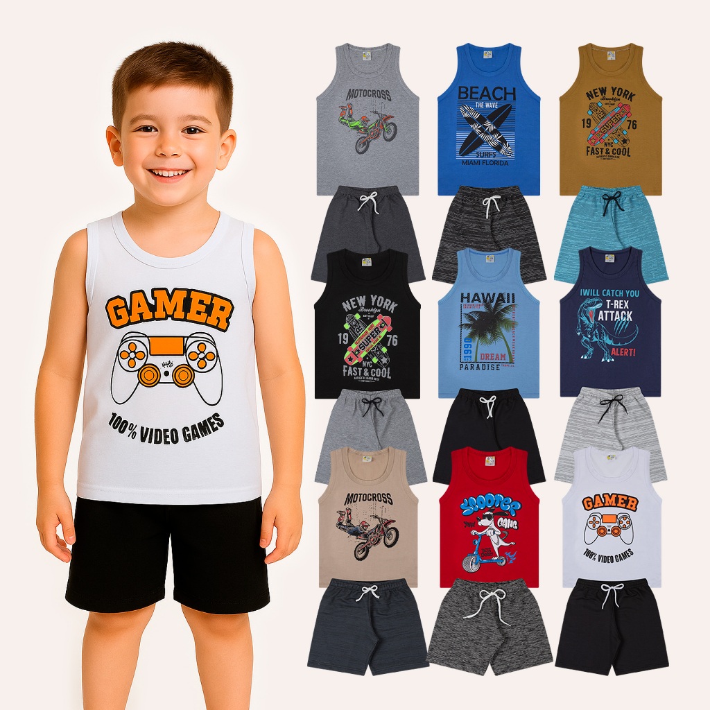 Kit 10 Peças Sortidas Verão Conjunto de Roupa Infantil Menino 5 Regatas + 5 Bermudas Tamanho 2 ao 16