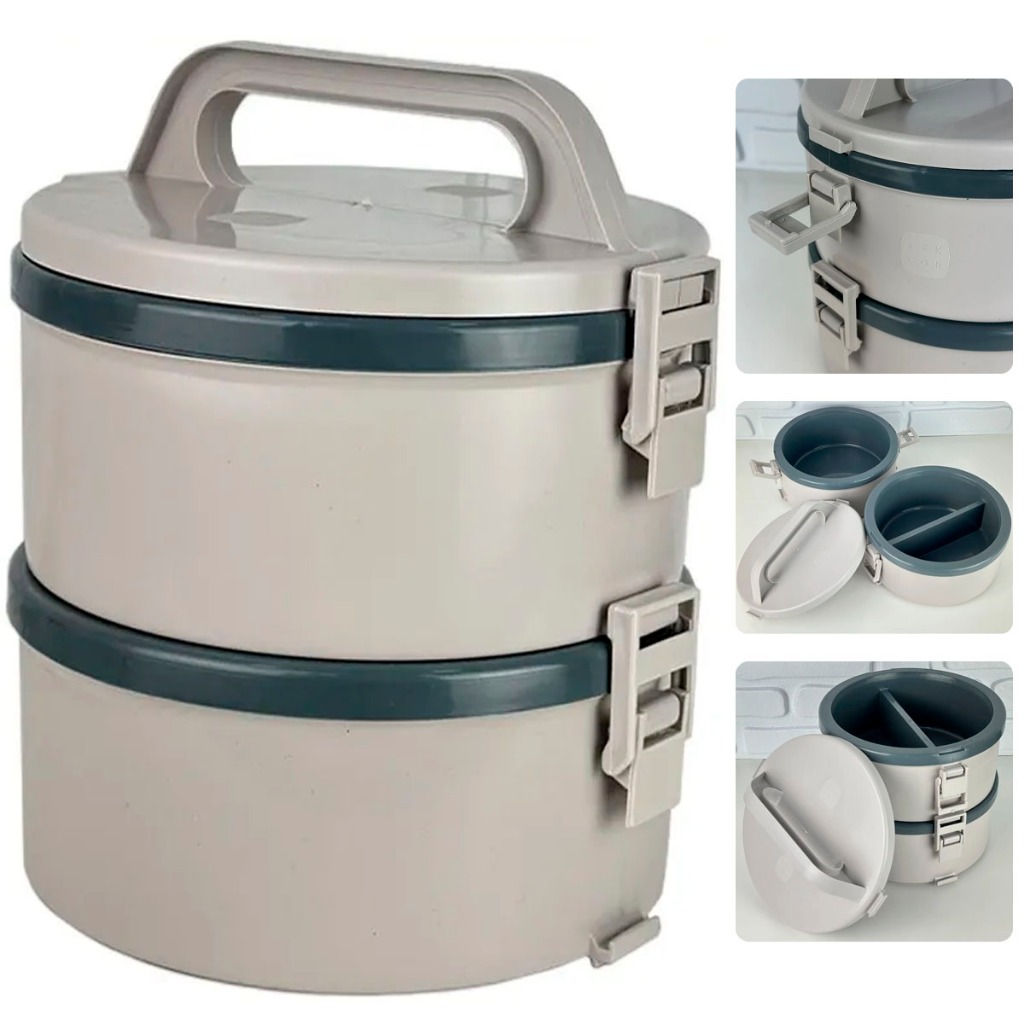 Kit Marmita Térmica 2 Andares 1,5 Litros 1 Simples 1 Dupla Cinza Marmitex Tekcor Resistente Soprano
