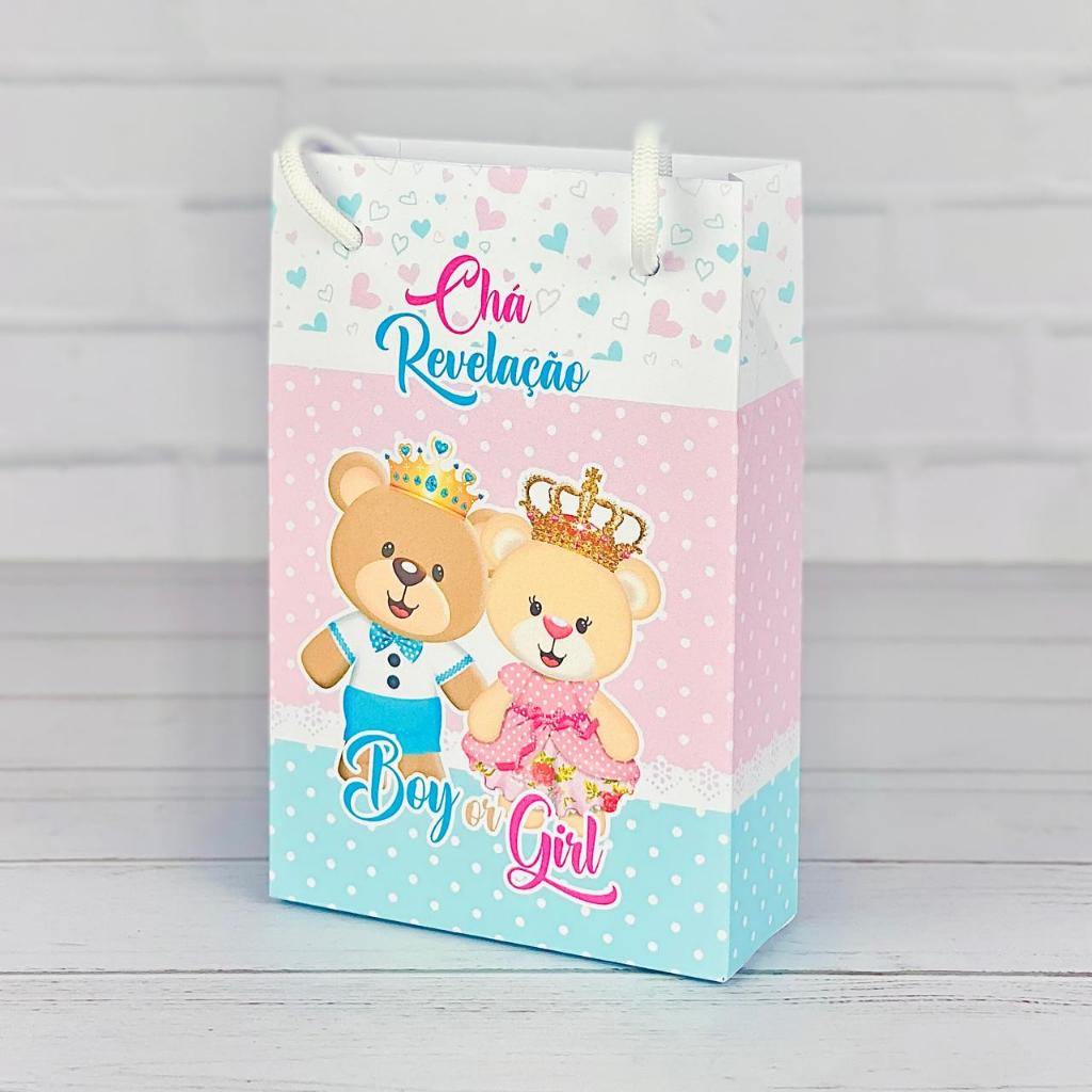 Sacolinha Personalizados Chá Revelação Ursinhos Azul e Rosa / Lembrancinha Mimos Festa Aniversário Infantil