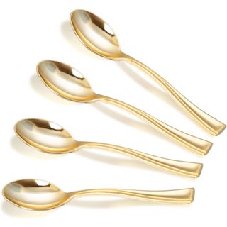 50/100 peças de mini colheres descartáveis de plástico douradas, colheres resistentes para sobremesas em Oferta na Shopee