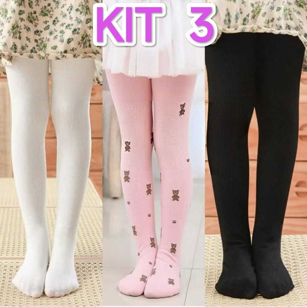 kit 3 Meias calça infantil Meia Grossa Frio Inverno Menina Preta/ Branca/Colorido,Estampa 1a 14 anos em Oferta na Shopee