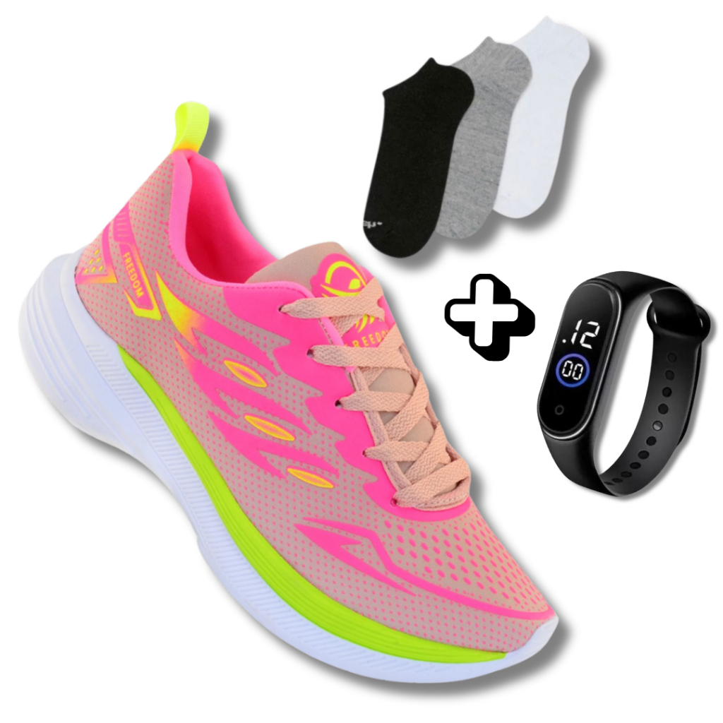 Tênis Esportivo Feminino + Meia + Relógio | Ideal Para Caminhada ou Academia