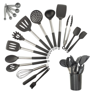 Kit 15 Utensílios De Cozinha Com Cabo De Inox E Silicone em Oferta na Shopee