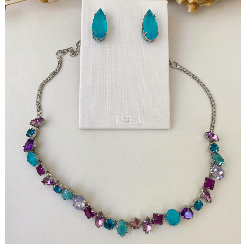 Brinco e colar azul turquesa e roxo com banho prata / colar bel brinco azul turquesa colar azul turquesa madrinha