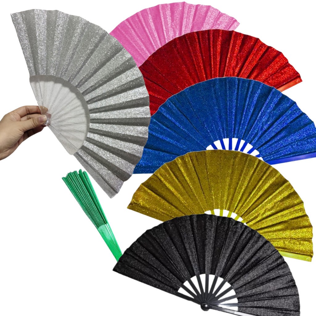 Kit 10 a 40 Leque Brilho Glitter Carnaval Show Festival Festa Balada Resistente Dança Faz Barulho Kung Fu 23x43cm