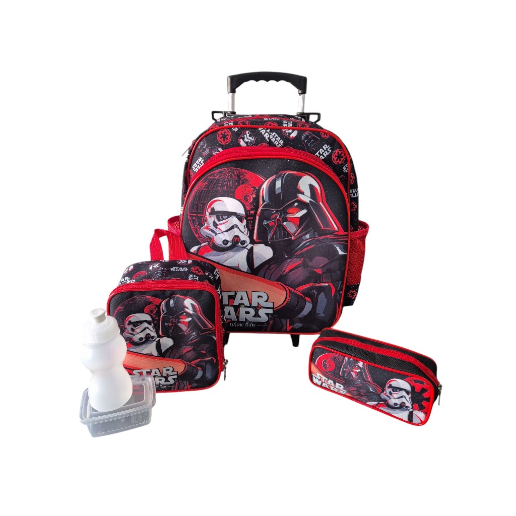 Kit Mochila Escolar Darth Vader Star Wars Grande Rodinhas Meninos