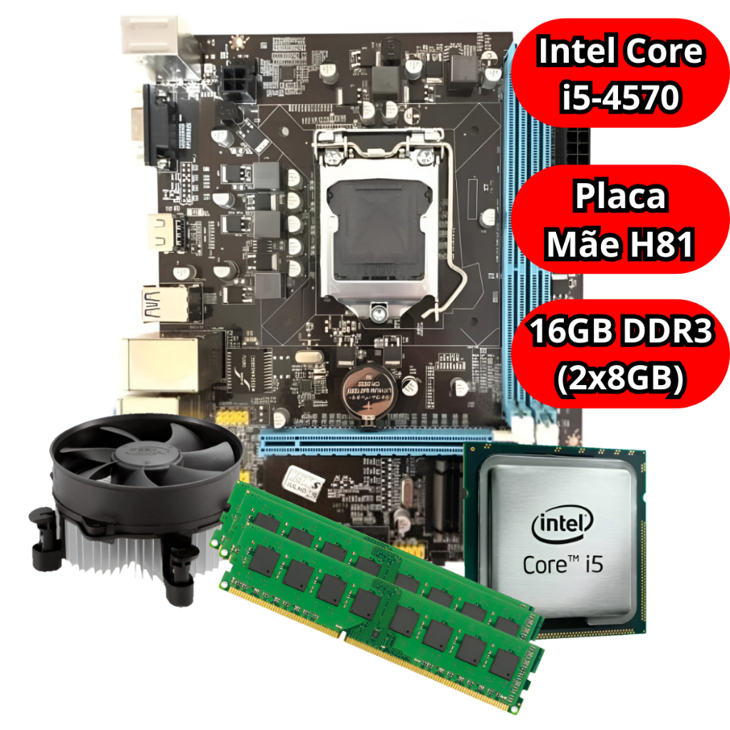 Kit Upgrade Intel I5 4570 Placa Mãe H81 Memória RAM 16GB DDR3 Cooler Incluso