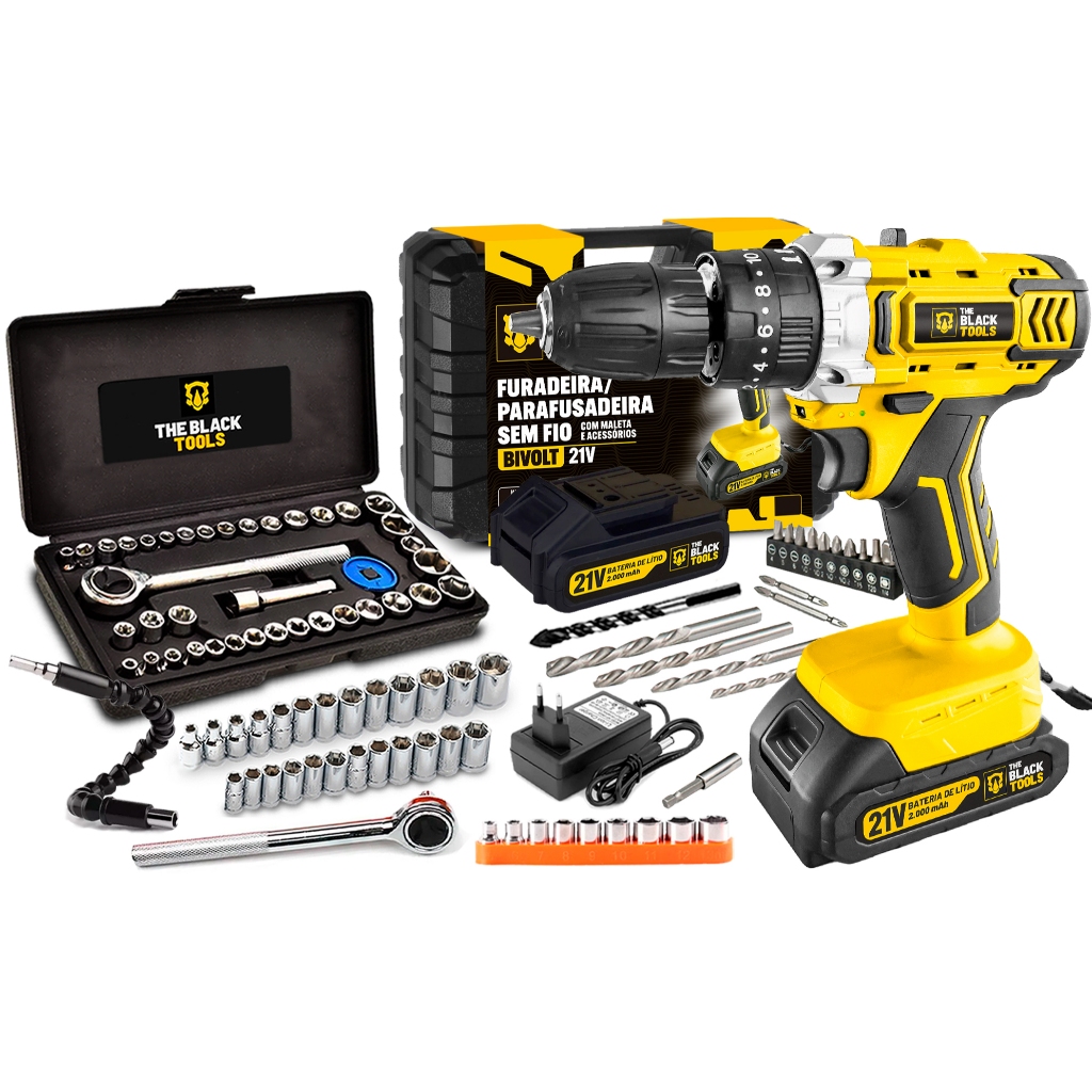 Furadeira Parafusadeira De Impacto 2 Baterias 21v 3/8 Com Jogo De Soquetes 40 Peças The Black Tools em Oferta na Shopee