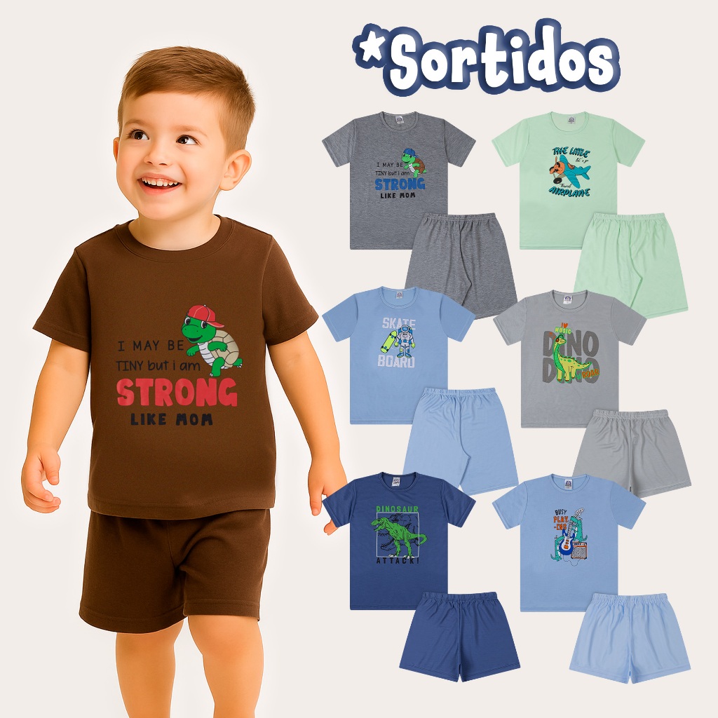 Kit 6 Peças Sortido 3 Conjuntos de Pijama Infantil Menino  3 Camisetas + 3 Bermudas Brilha no Escuro
