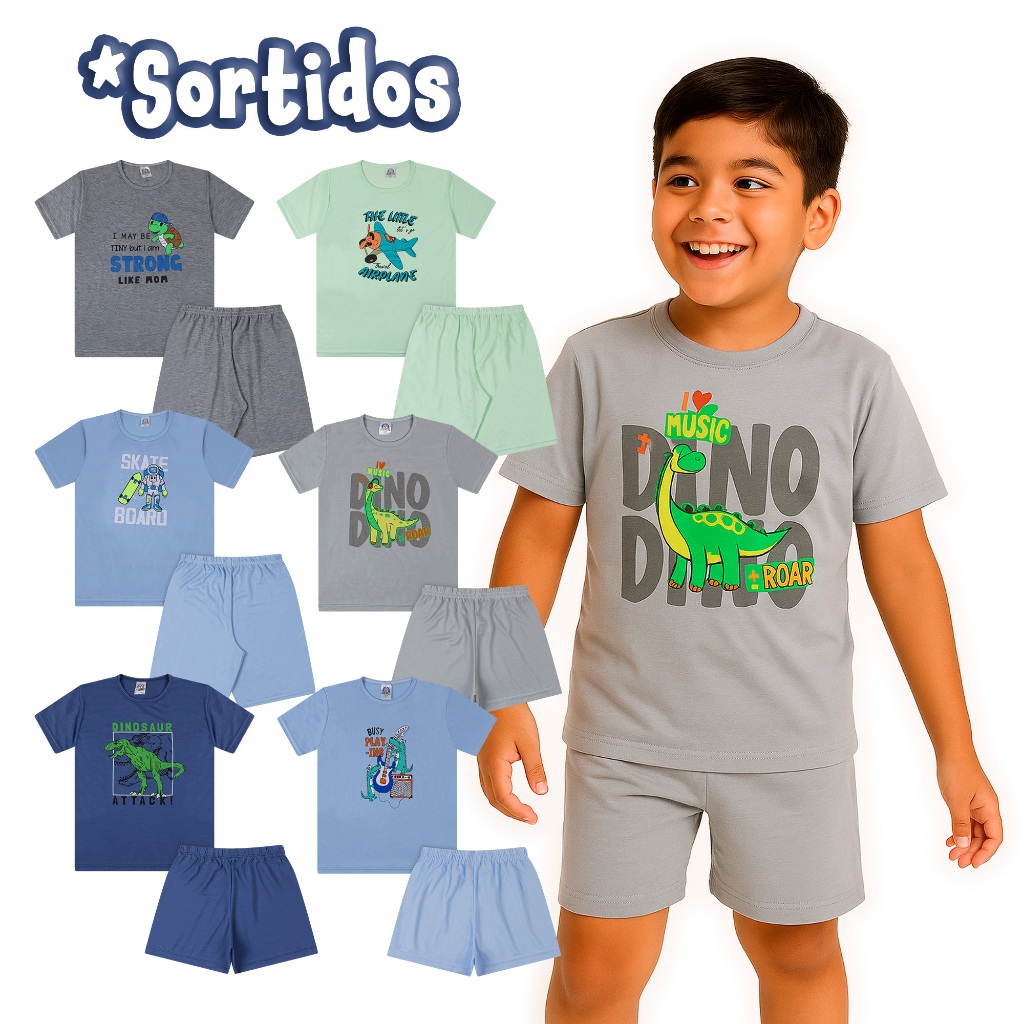 Kit 4 Peças Sortido Conjuntos Pijama Infantil Menino - 2 Camisetas + 2 Bermudas Brilha no Escuro Verão