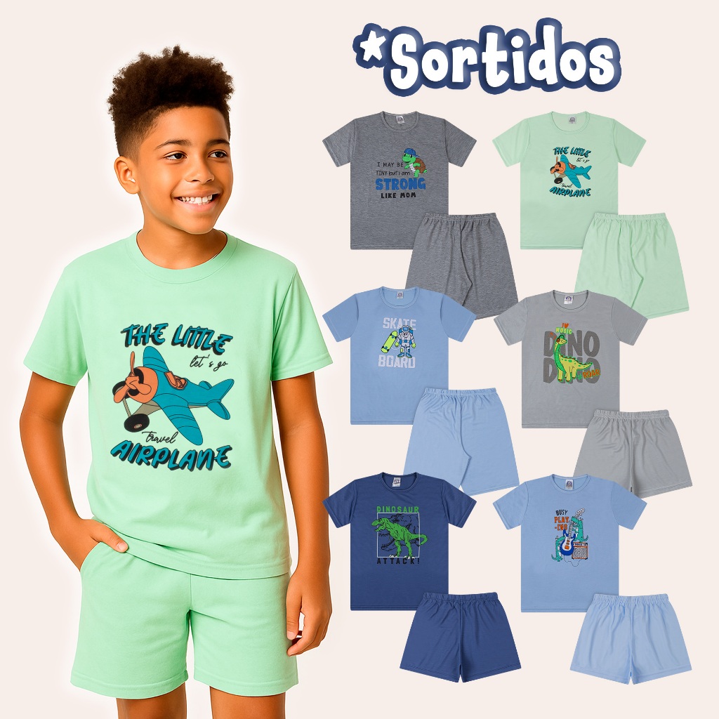 Kit 4 Peças Sortido Conjunto de Pijama Infantil Menino - 2 Camisetas + 2 Bermudas  Infantil Menino Verão