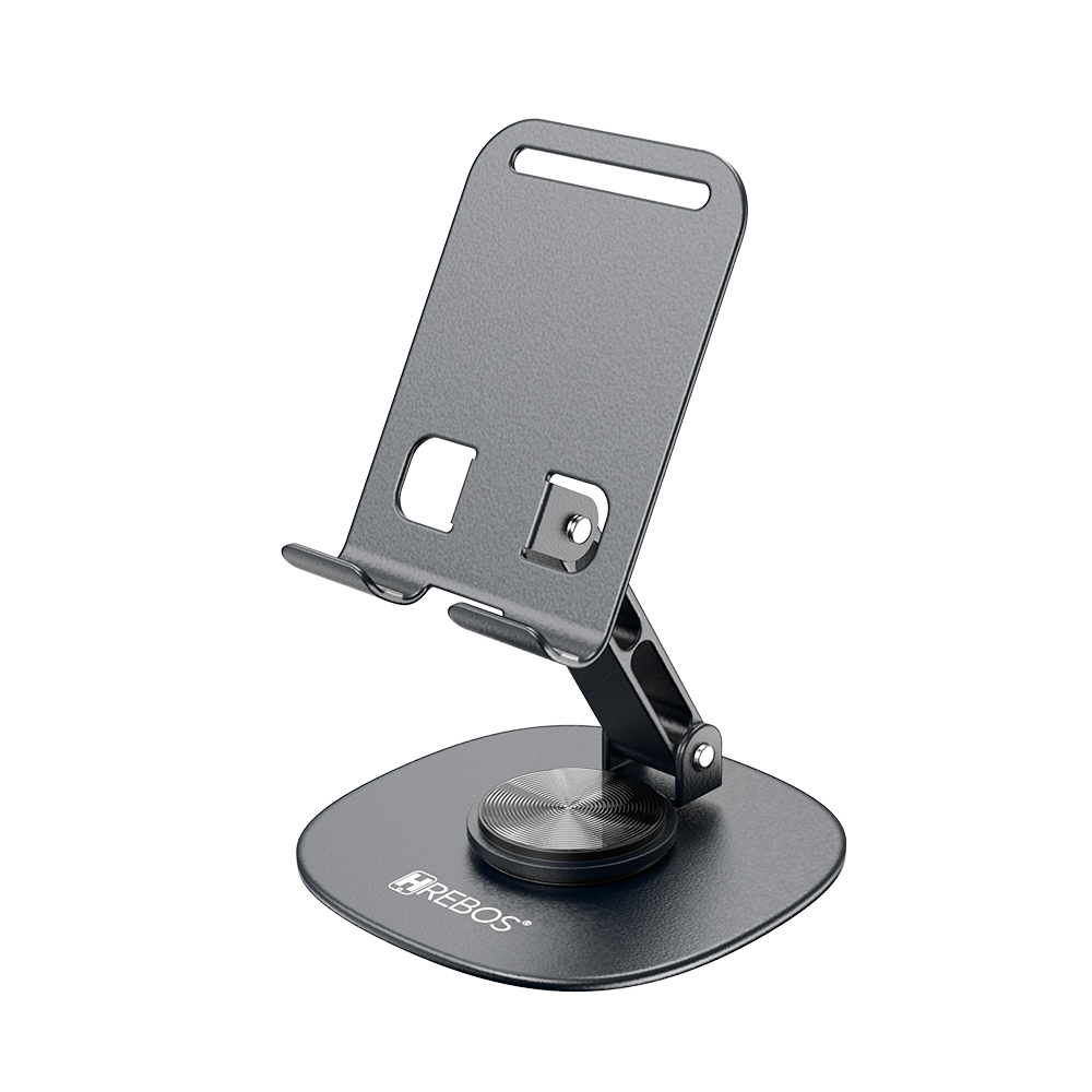 Suporte de Mesa Hrebos SU-226 em Metal com Base Giratória 360° Compatível com Celulares e Smartphones Articulado