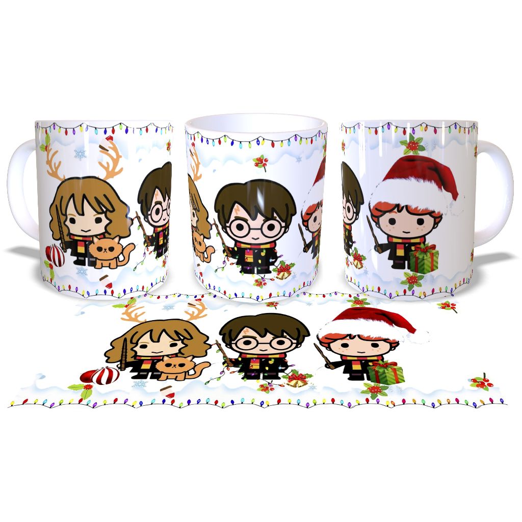 Caneca 325ml Harry Potter Natal / Merry Christmas / Mug Hermione / Ron / Hogwarts