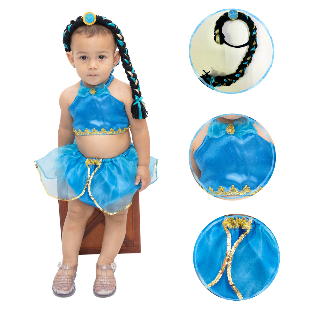 Fantasia Jasmine bebê com conjunto temático azul princesa – ideal para aniversários e fotos