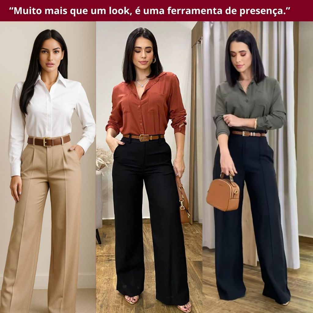 Look Executivo Feminino Alfaiataria | Calça Pantalona Larga + Camisa Social  + Cinto Luxuoso