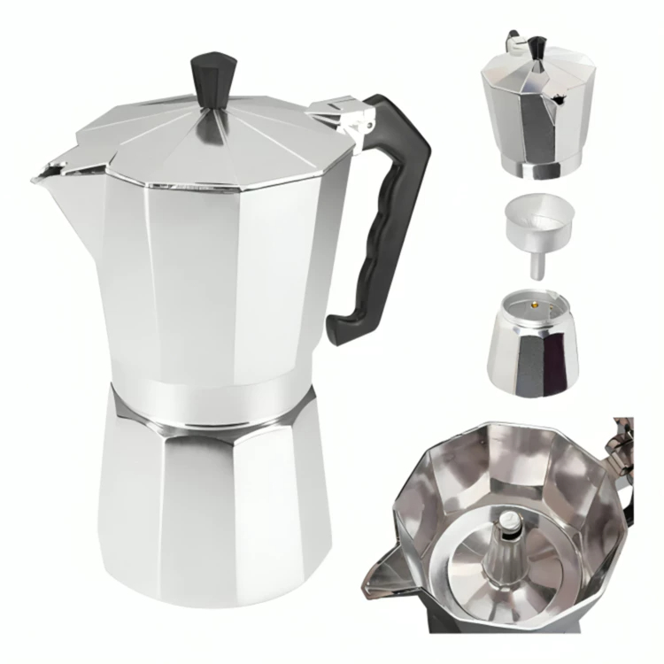 Cafeteira Italiana Alumínio 3/6/9 Xícaras Aço Decorada Top Cafeteira Rápida Cafeteira De Fogão Italiana Aço Inox