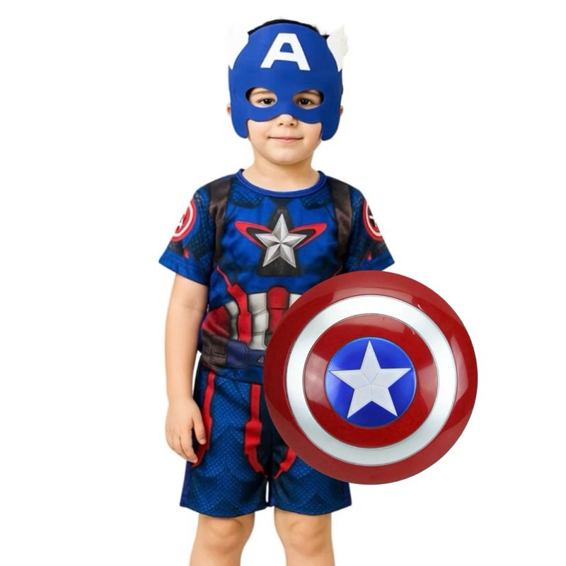 Fantasia Menino Infantil Do Capitão América Curta Com Mascara e Escudo