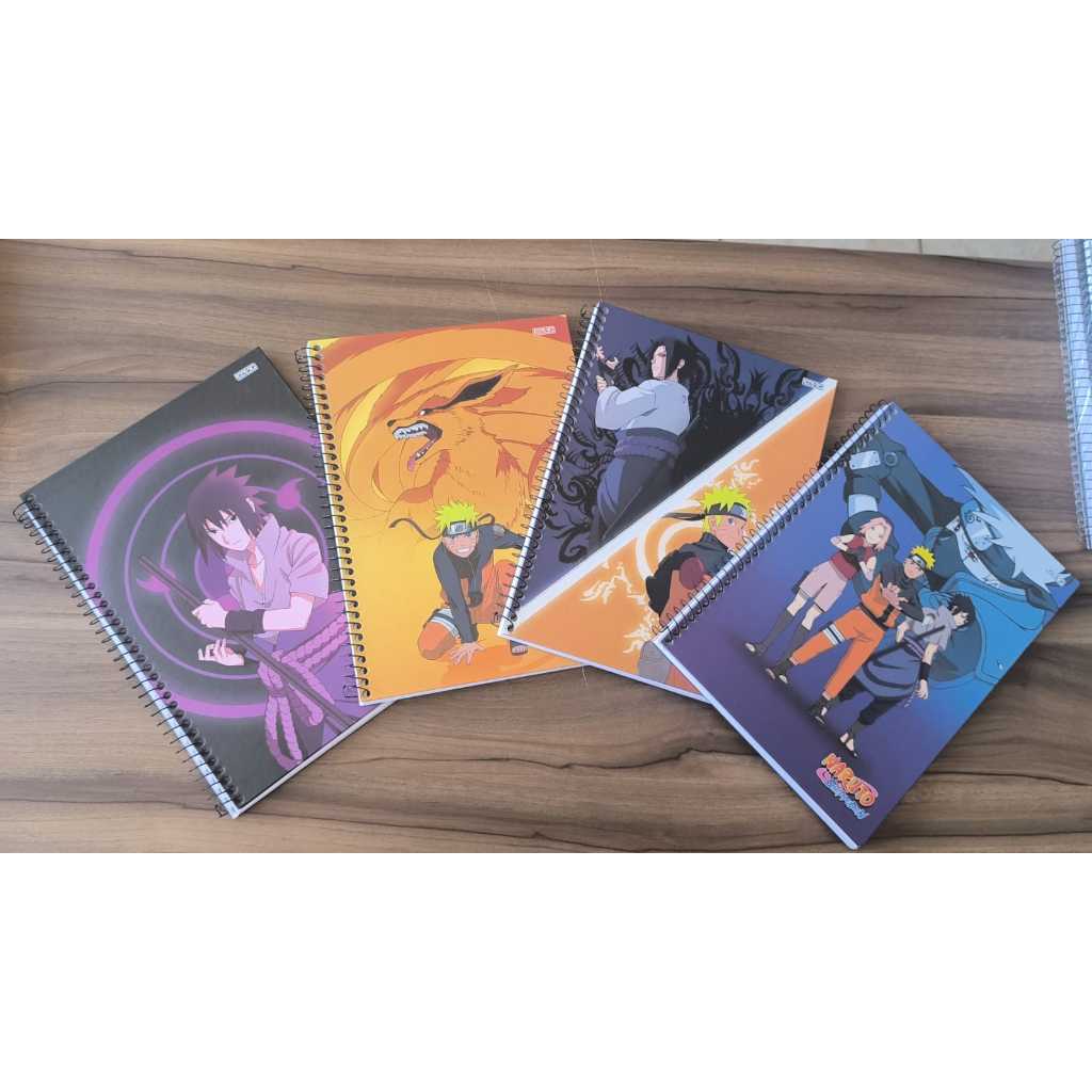 Kit 4 Cadernos 10 Matérias Naruto Shippuden 160 Folhas Cada c/adesivos Capa Dura Espiral Escolar Universitário