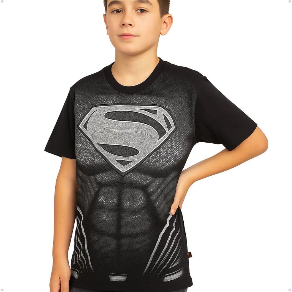 Camiseta Infantil Masculina Superman Preta Uniforme Liga da Justiça | Tamanho 10 12 14 Anos