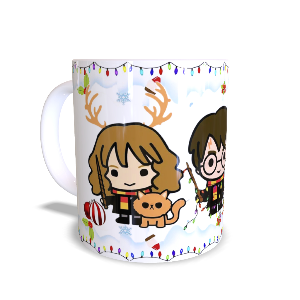 Caneca Porcelana 325ml Harry Potter Natal / Merry Christmas / Mug Hermione / Ron / Hogwarts