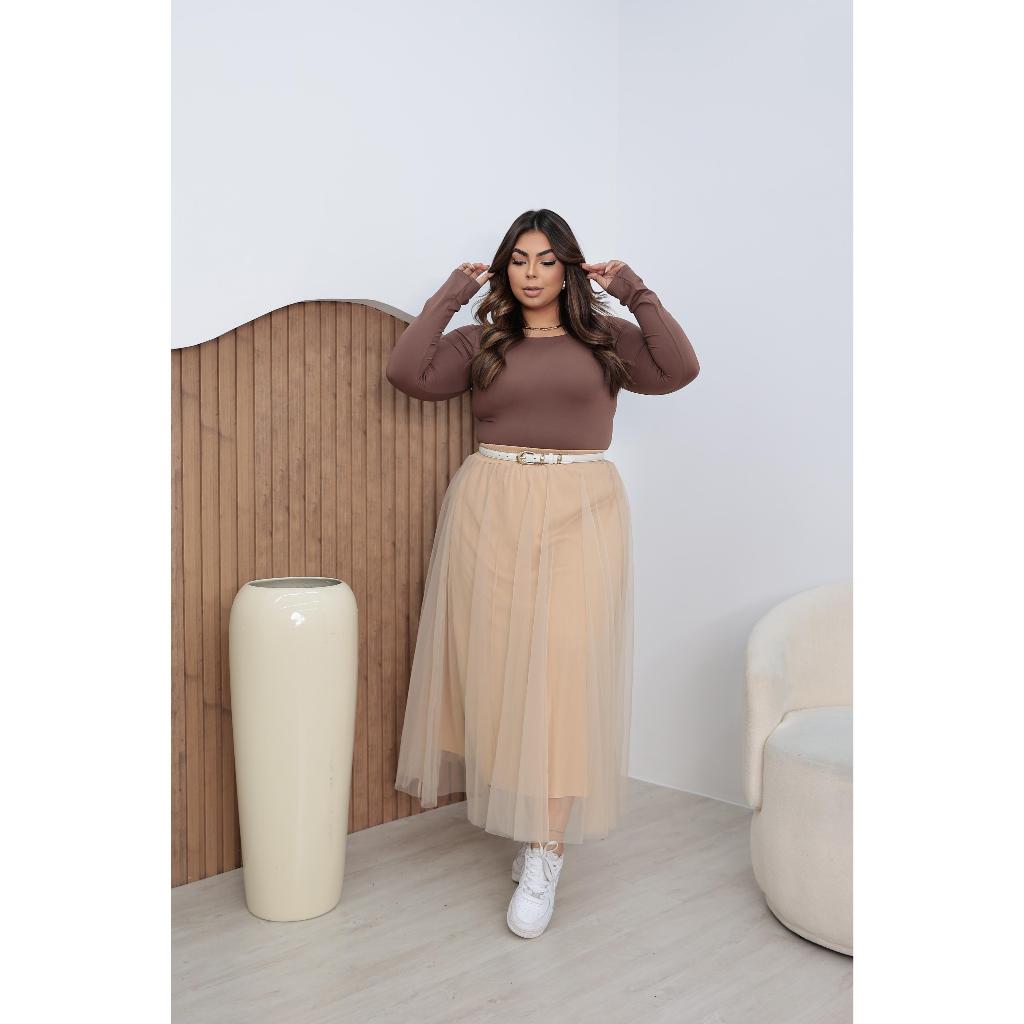 Saia Tule Midi Plus Size Longa Forrada Moda Verao em Oferta na Shopee
