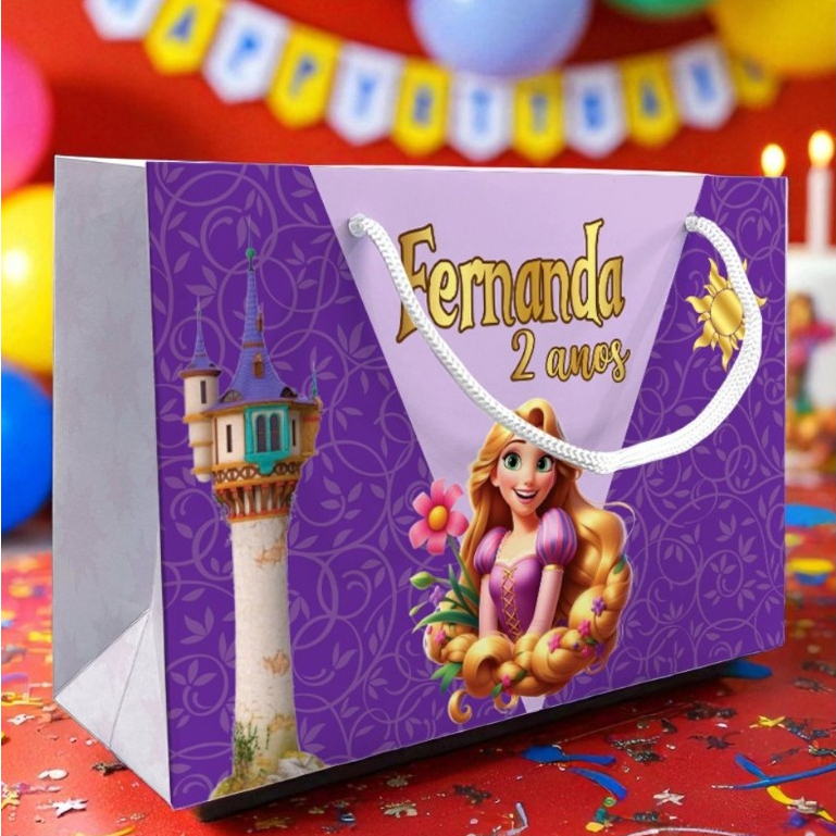 Sacolinha Rapunzel Personalizada Kit Festa Enrolados Roxa Roxo Lembrancinha Princesas Princesa Sacola Deitada Reta