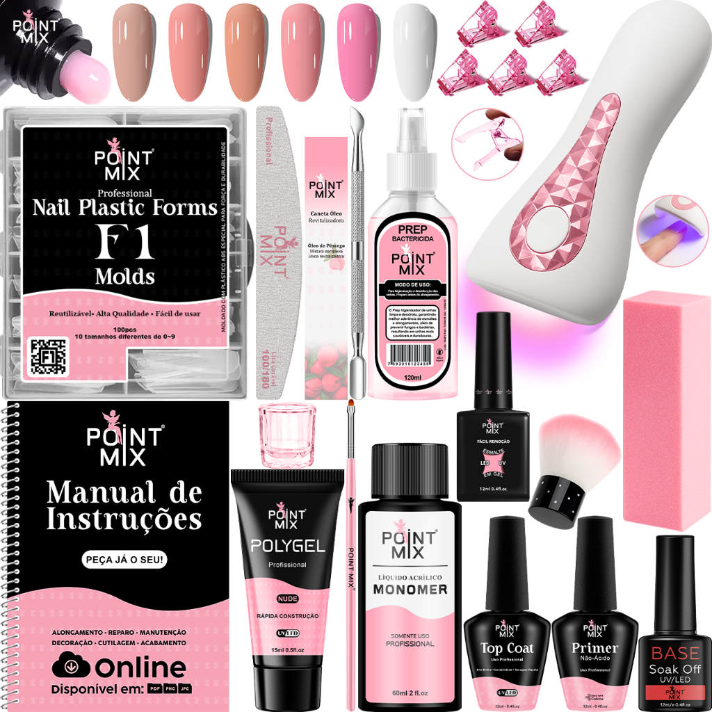 Kit Alongamento de Unhas de Polygel Iniciante e Profissional Cabine Top Coat Primer Manual de Instruções Esmalte em Gel