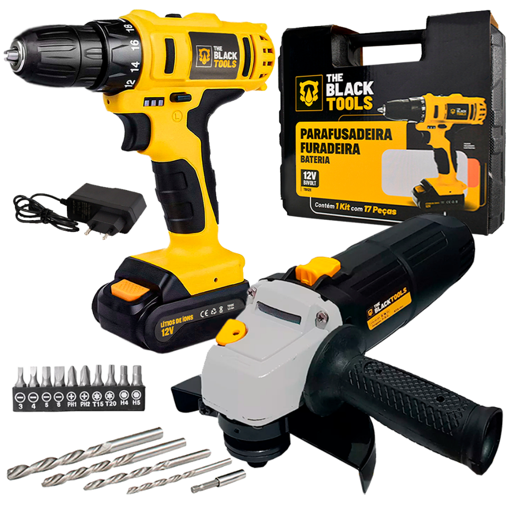 Kit Parafusadeira Furadeira Sem Fio 12v 3/8 + Esmerilhadeira Lixadeira Angular The Black Tools