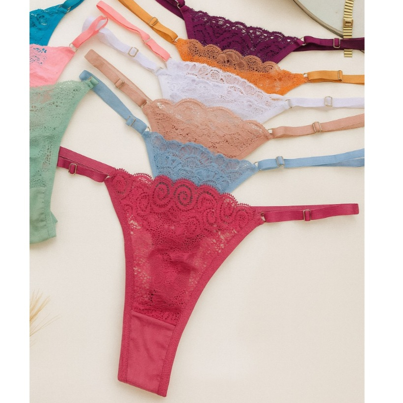 Kit com 5 Calcinhas  Renda Fio Dental Duplo Renda e Microfibra Lingerie Sensual Moda intima Feminina em Oferta na Shopee