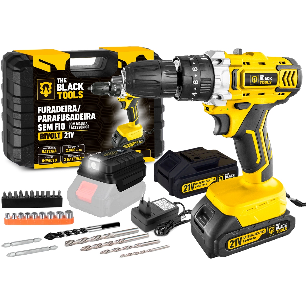 Parafusadeira Furadeira De Impacto 3/8 Com Maleta E Adaptador The Black Tools em Oferta na Shopee