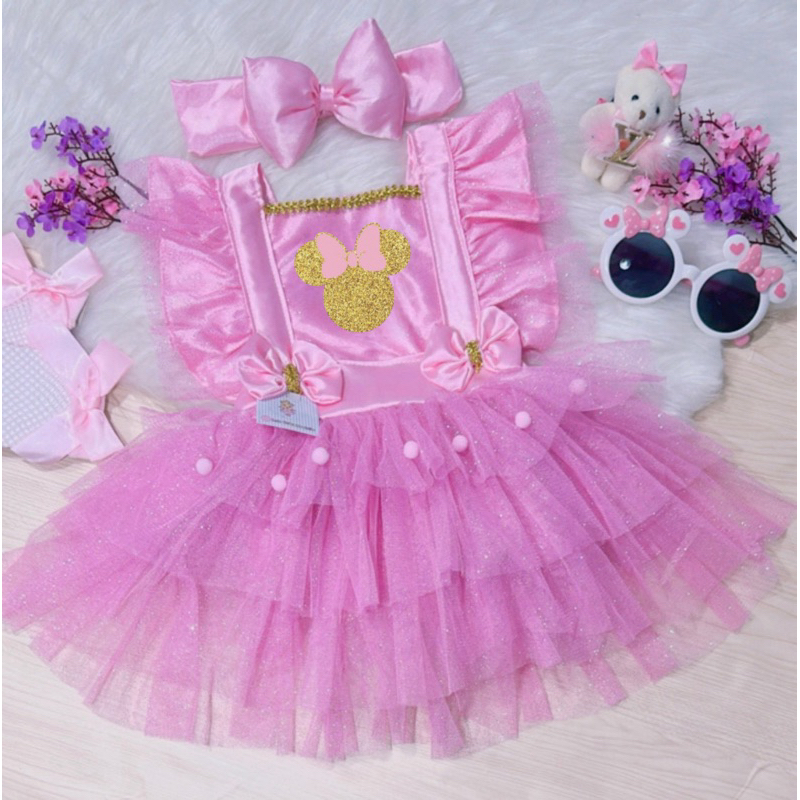 Romper Minnie Rosa Vermelha Jardineira temática salopete fantasia vestido infantil bebê Menina