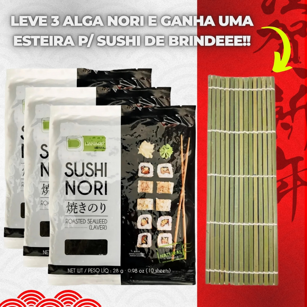 Kit 3 Alga Marinha Nori Hanaro 10 folhas 28g + Esteira Sudare Bambu para Enrolar Hot Roll 24x24cm