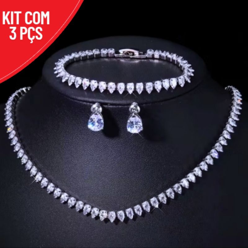 Colar Riviera Chocker Gota Brinco Pulseira luxo Zirconia Navete brilhante Noiva, Debutante, Madrinha, Formatura...