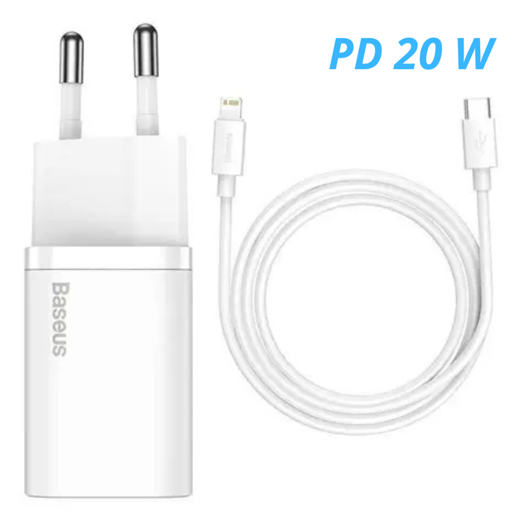 Kit Carregador Baseus Turbo 20W para iPhone 7 ao 14 Pro Max com Cabo Lightning Original Carga Rápida Super Si USB-C PD