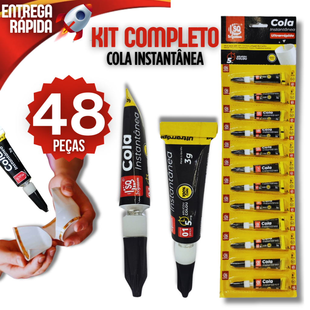 Kit 48 Super Cola Instantânea Tubo Cola Borracha Madeira Tipo Bonder Utilidade Rápida Secagem