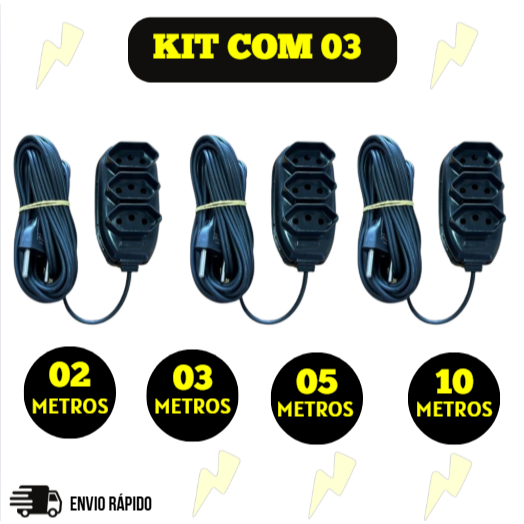 Kit 03 Extensão Tripolar Bivolt 2, 3, 5 E 10 Metros (10A - Cor Preta - 110/220V - 03 tomadas)