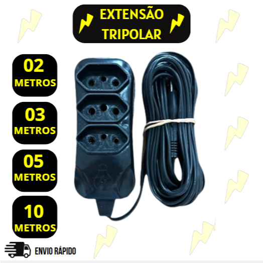 EXTENSÃO ELÉTRICA TRIPOLAR BIVOLT 2, 3, 5 E 10 METROS - 03 TOMADAS (10A - COR PRETA - 110/220V) em Oferta na Shopee