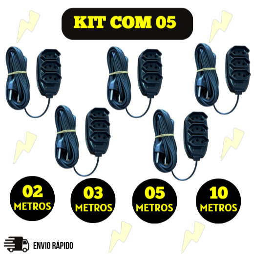 Kit 05 Extensão Tripolar Bivolt 2, 3, 5 E 10 Metros (10A - Cor Preta - 110/220V - 03 tomadas)