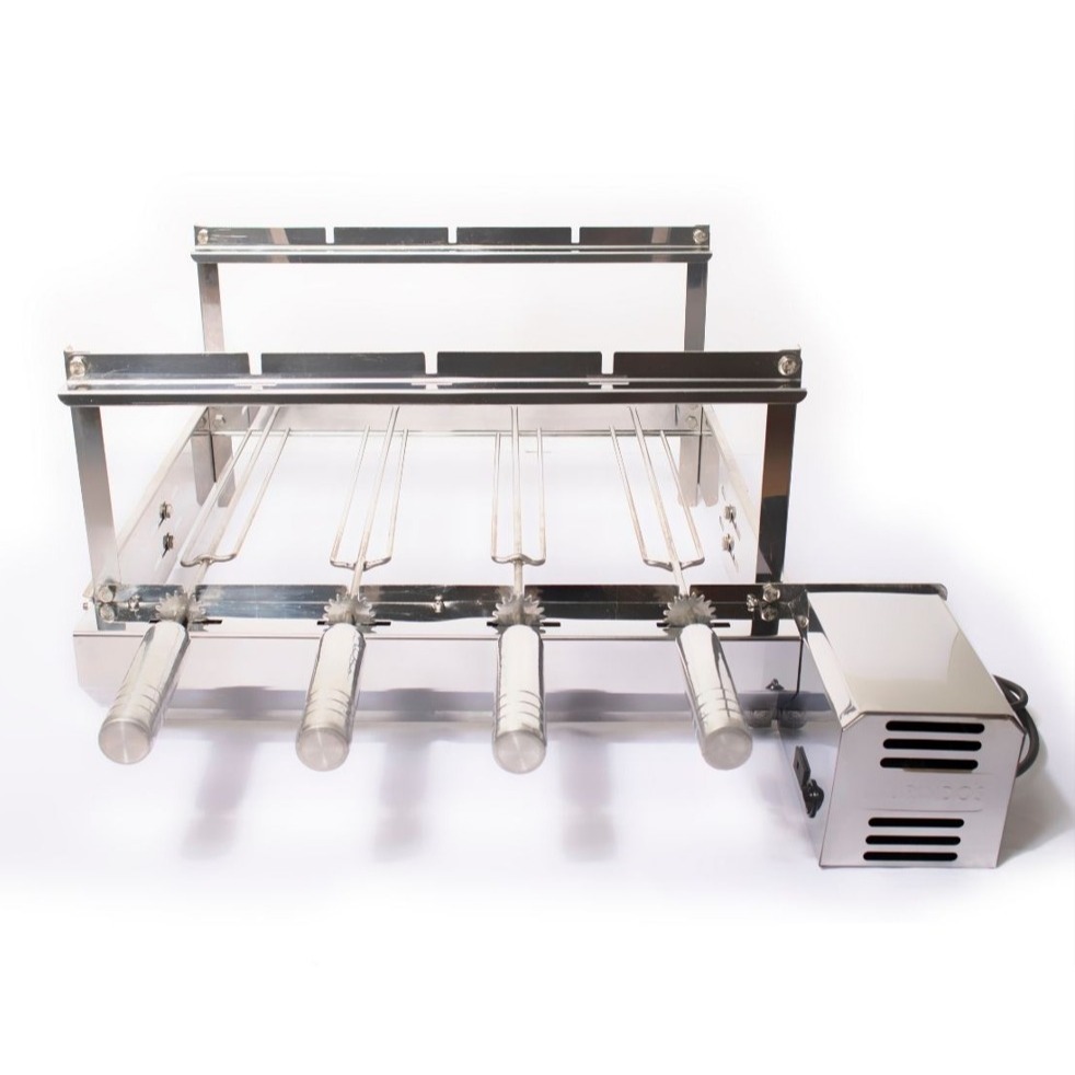 Churrasqueira Inox Giratória 4 Espetos Motor Direito - Longo - Profundidade Ajustável, Grill Giratório