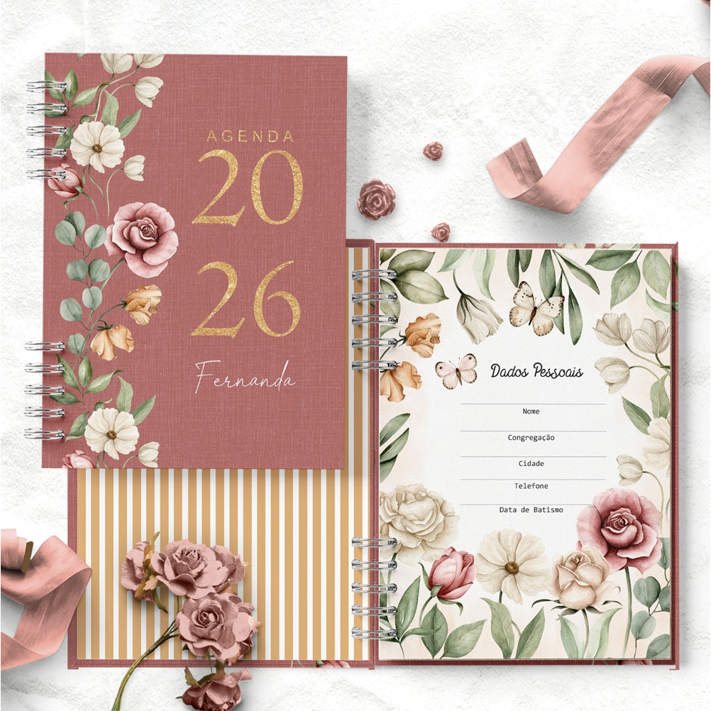 Agenda 2026 DATADA, personalizada COM O NOME DO COMPRADOR, folhas decoradas, A5,  2 dias por página em Oferta na Shopee