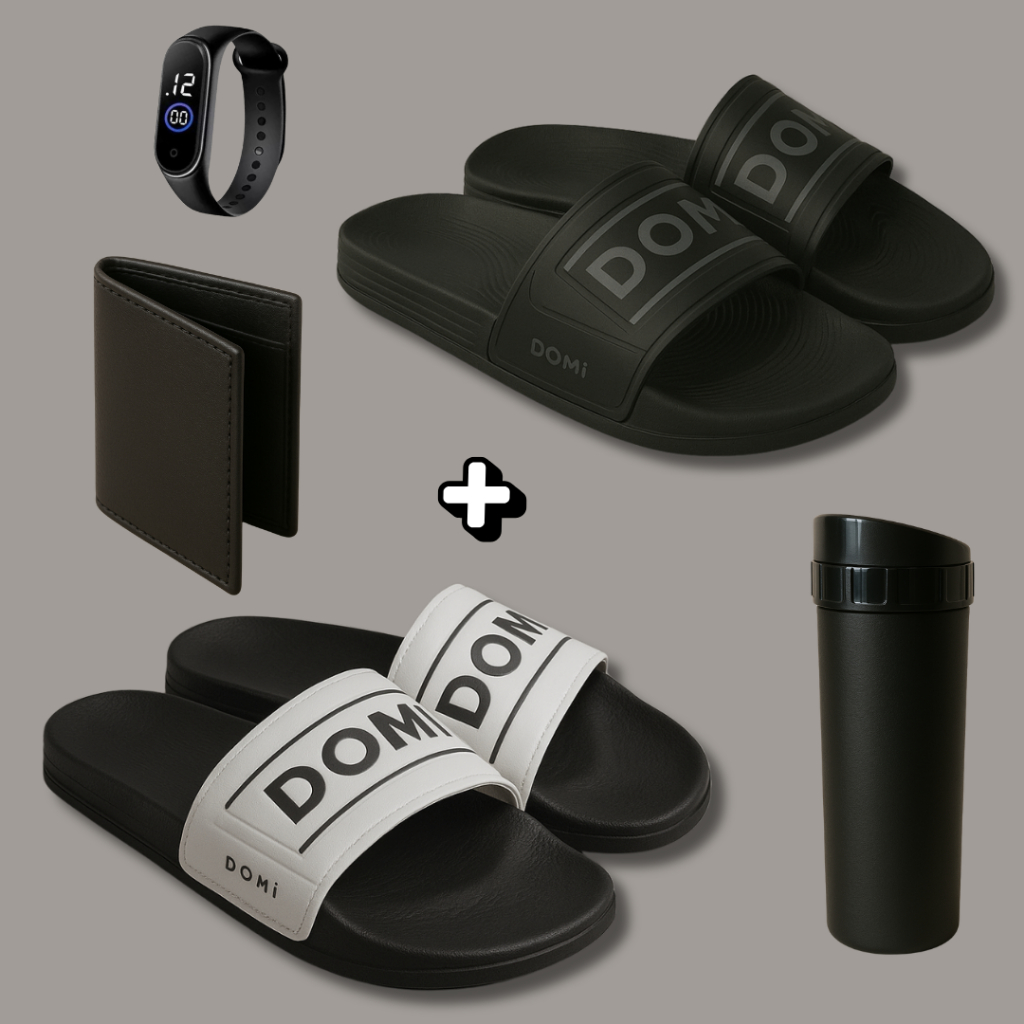 Kit Completo : Dois Chinelos Slide + Relógio Digital + Carteira de Mão + Coqueteleira em Oferta na Shopee
