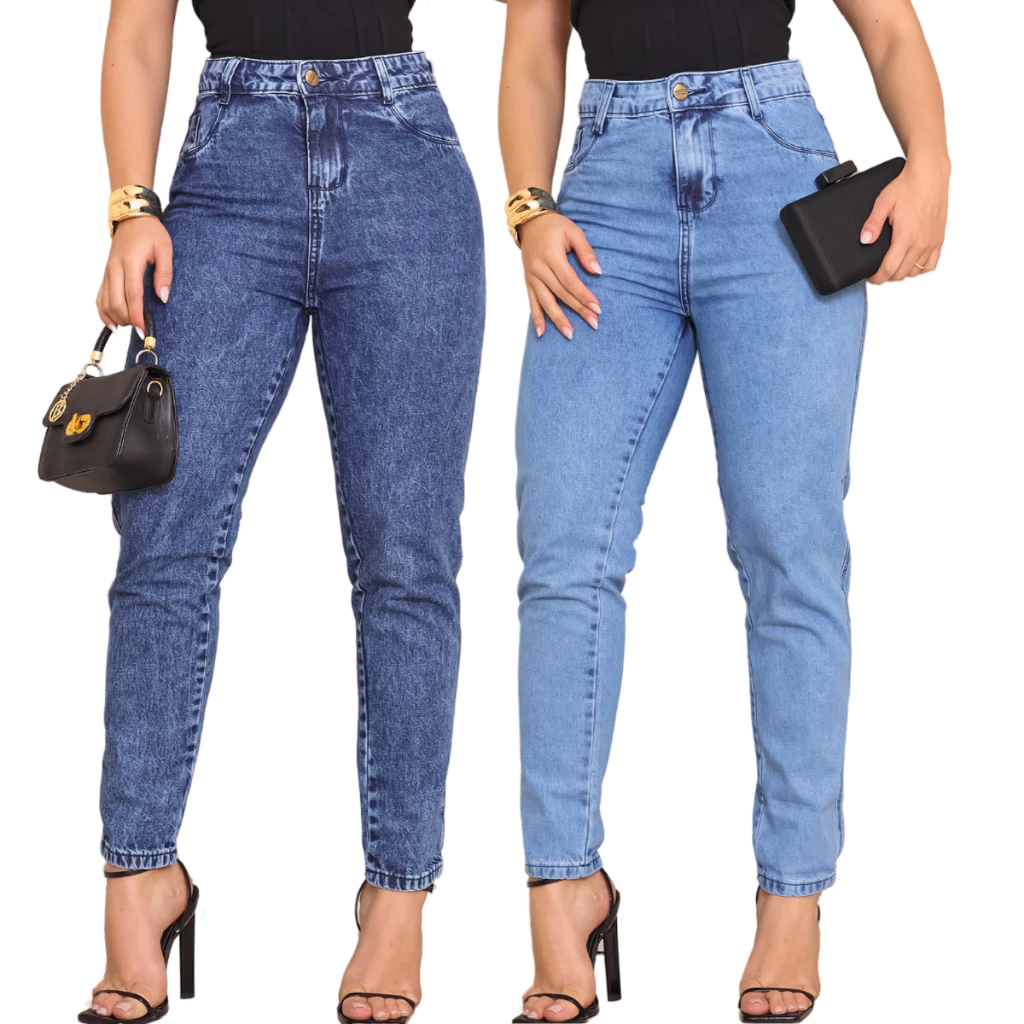 KIT  CALÇA JEANS FEMININA  MOM  CLARA LISA + JEANS AZUL MARMORIZADO 100% ALGODÃO PREMIUM COS ALTO — imagem 1