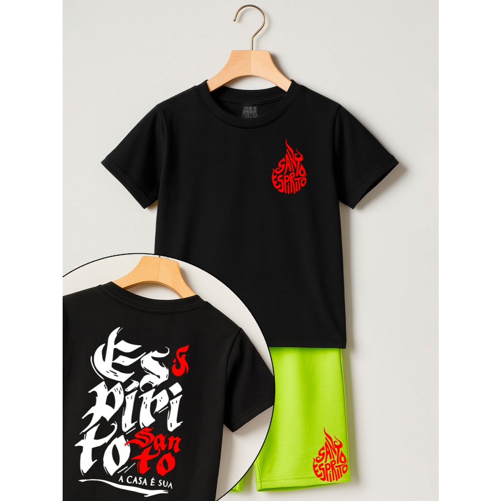Conjunto Camiseta e Calção Verde Menino e Menina Espirito Santo Gospel 4 ao 16 100% Algodão