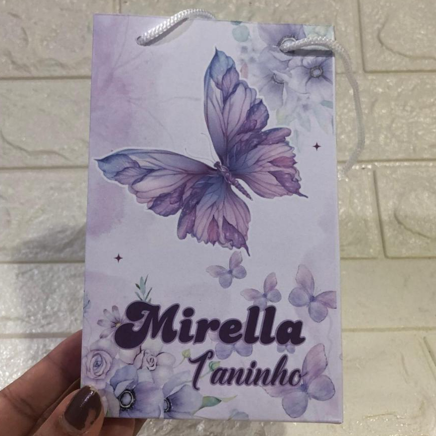 PEGUE E MONTE Sacolinha/Bolsinha (PEQUENA) Personalizada JARDIM BORBOLETAS LILÁS 2.0 Festa Surpresa Mimos Lembrancinhas