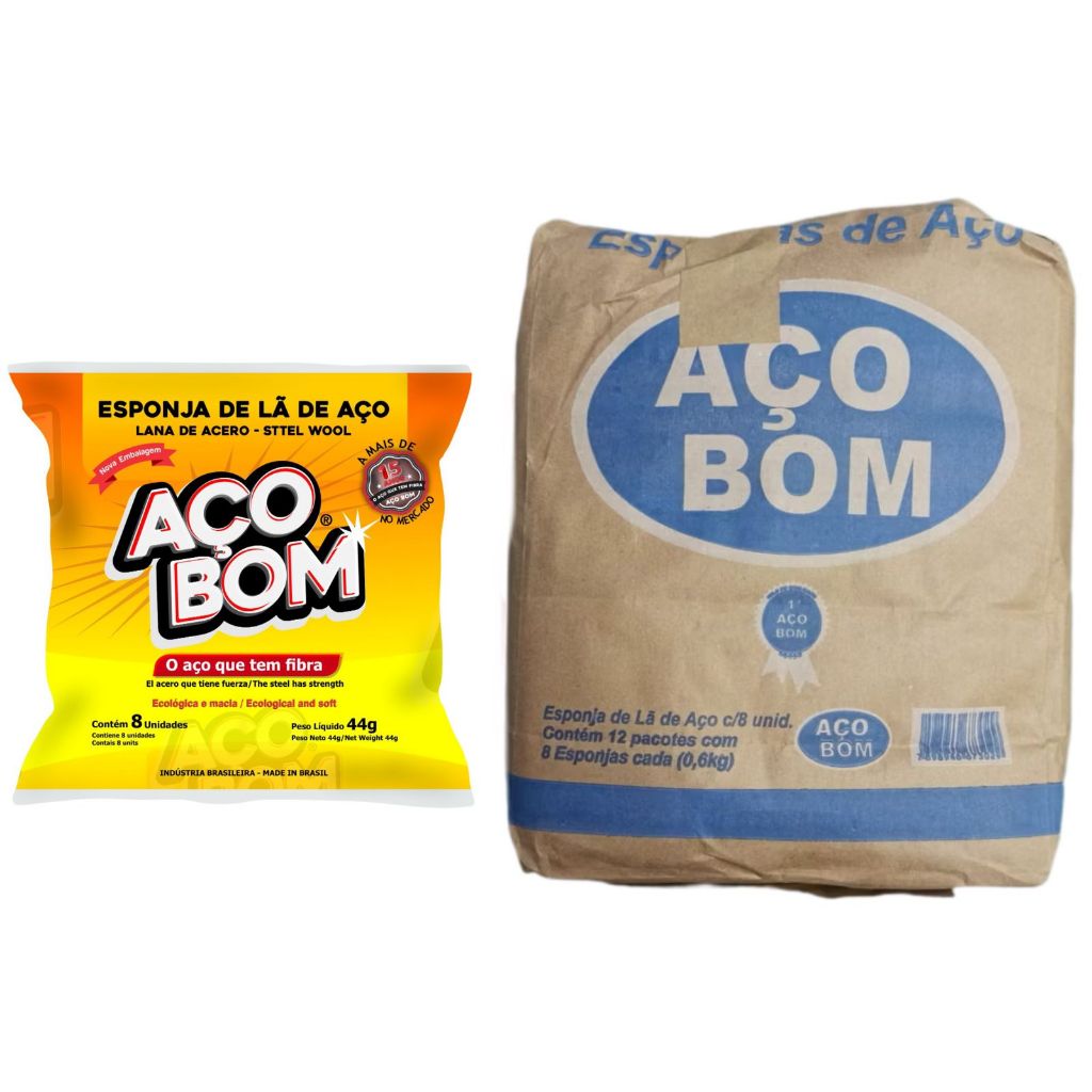 Esponja de Lã de Aço Aço Bom - Fardo com 12 pacotes (pacote com 8 unidades). em Oferta na Shopee